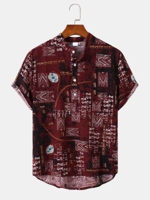 Mens Vintage Spliced Print Half Buttons Collar Short Sleeve Shirts