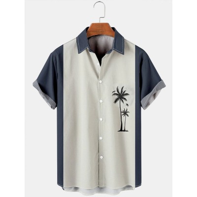 Men's Striped Coconut Print Loose Hawaiian Short Sleeve Shirt