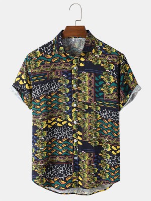 Mens Vintage Plants Print Button Front Short Sleeve Shirts