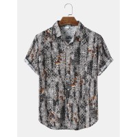 Mens Vintage Geometric Print Button Up Short Sleeve Shirts