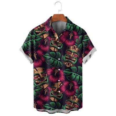 Men's Hawaiian Tiki Mask Print Short Sleeve Shirt